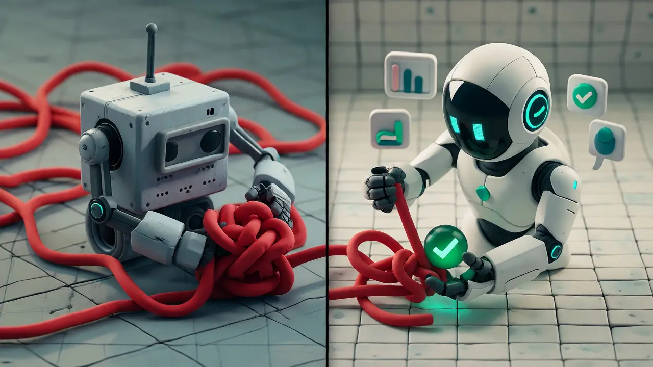 Comparaison visuelle entre robot rigide et agent autonome flexible en argile