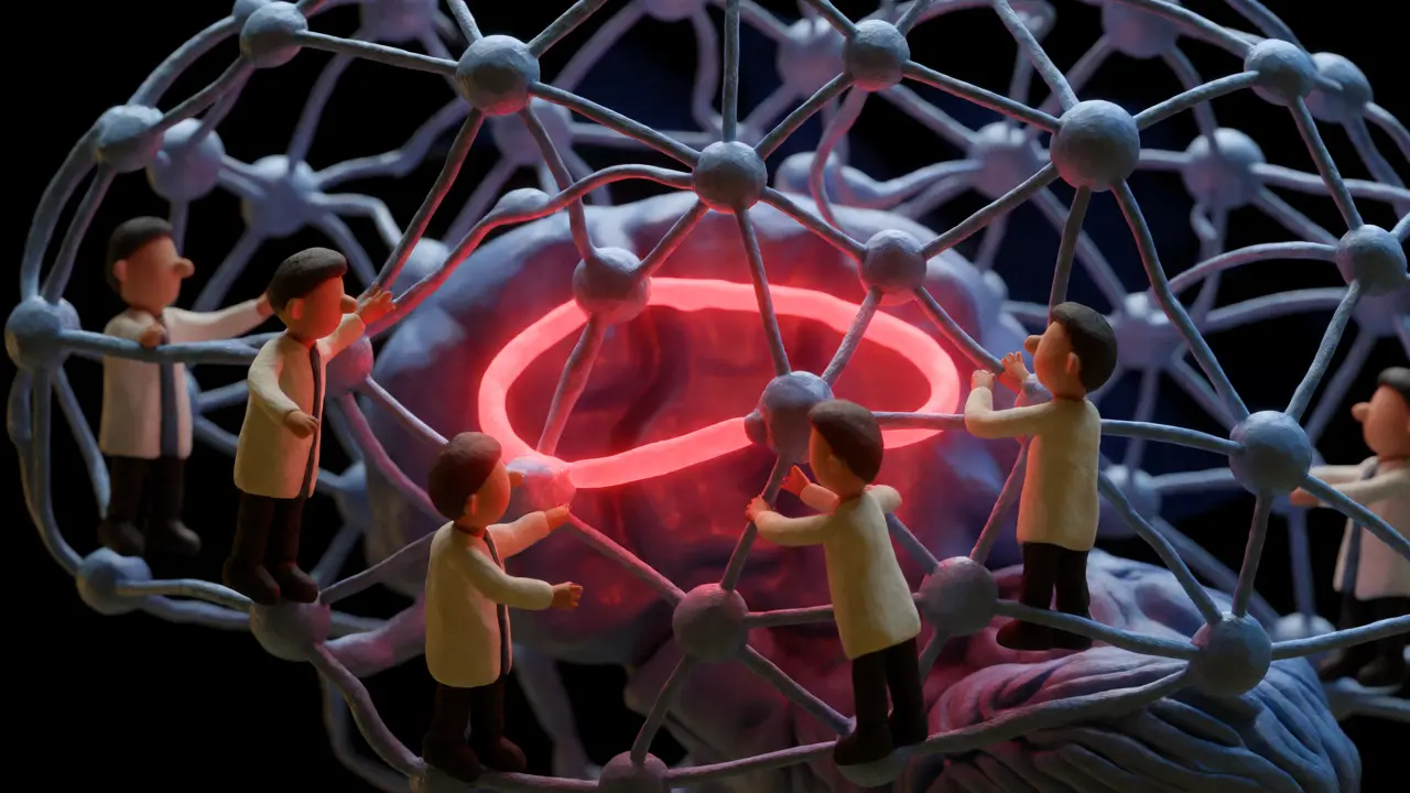 Coupe transversale d'un cerveau en argile montrant un mécanisme d'attention neuronal rouge excluant les scientifiques diversifiés.