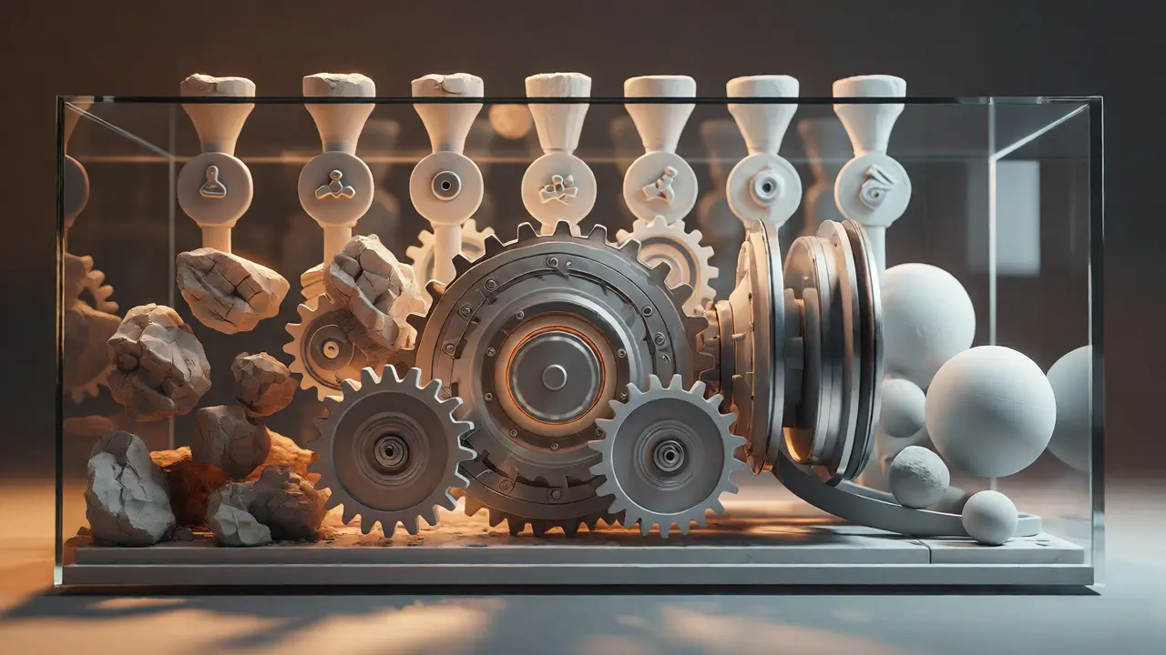 Coupe transversale d'un pipeline de fusion multimodale avec engrenages transformant des blocs bruts en sphères lisses.