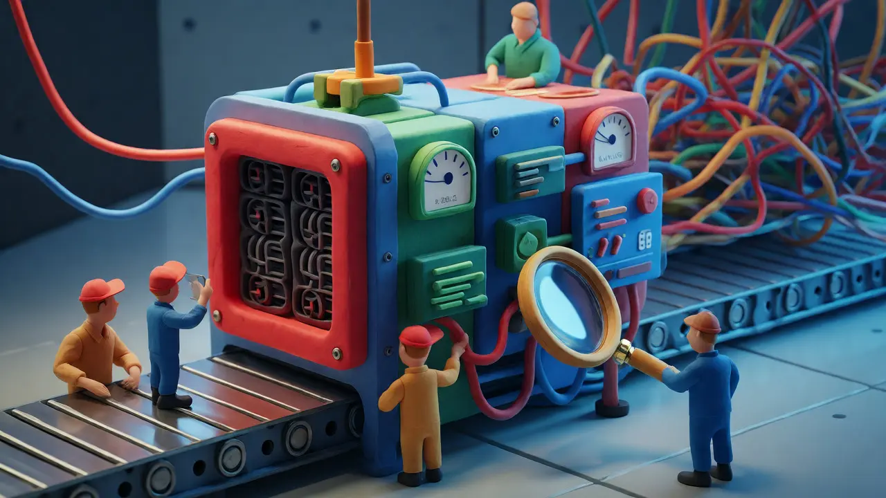 Des ingénieurs en argile surveillant une machine de production LLMOps stable et efficace sur une chaîne de montage.