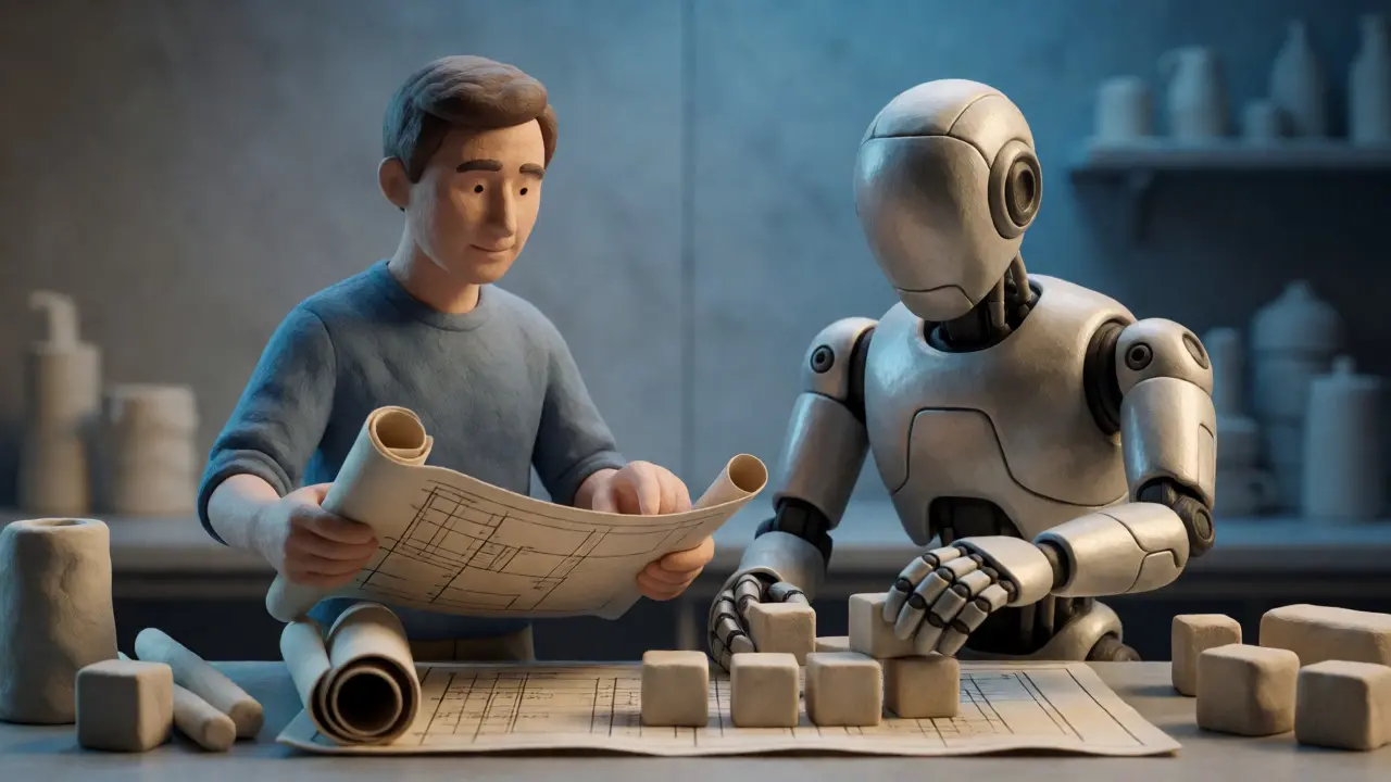 Humain et robot en argile collaborant sur un plan de développement précis