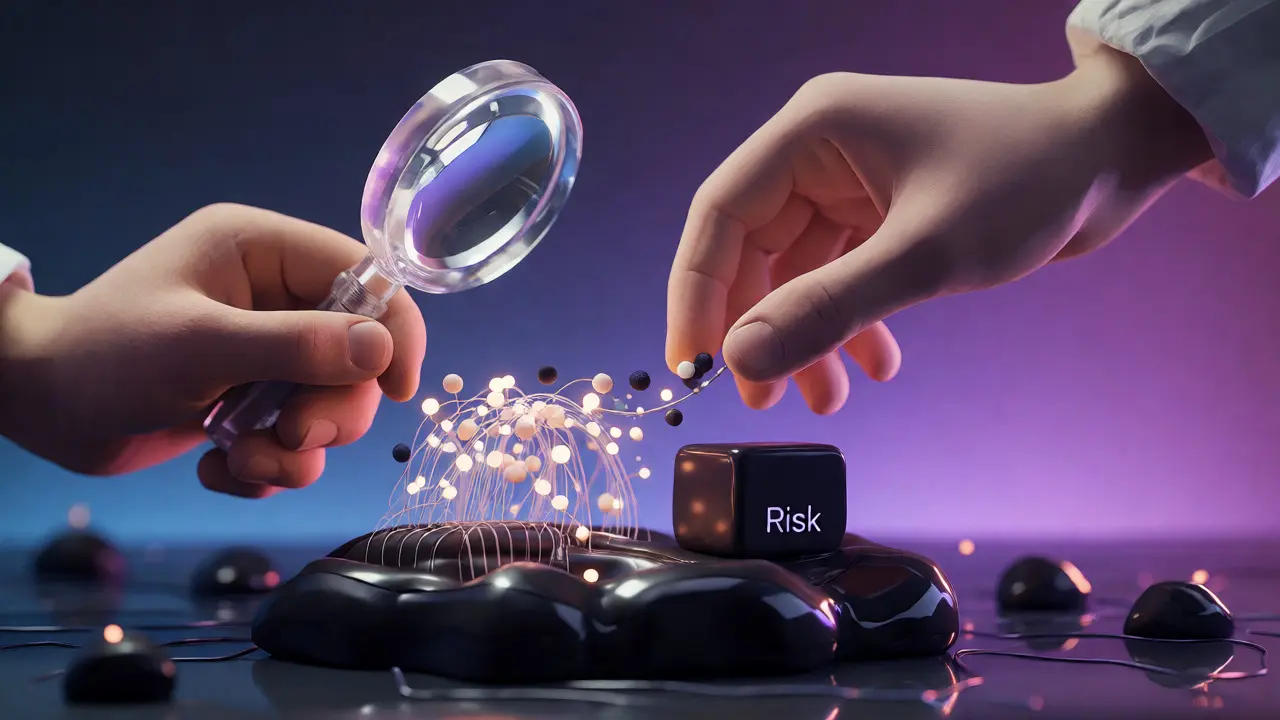 Mains en argile collaborant sur une interface numérique noire, équilibrant le risque et l'agilité grâce à un réseau de données lumineux.