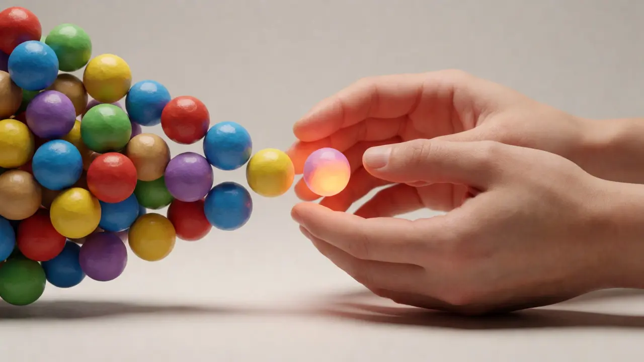 Mains en argile filtrant des sphères de données colorées dans un flux