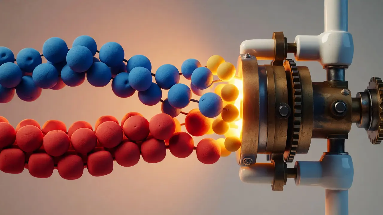 Mécanisme en argile et métal fusionnant des billes bleues et rouges pour illustrer le mélange des scores.