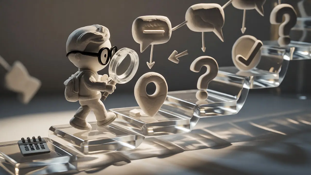 Personnage en argile suivant un chemin de raisonnement logique