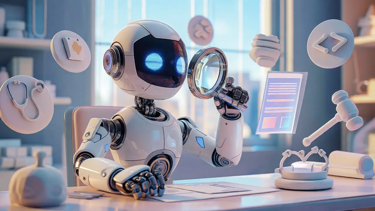 Robot en argile ajustant les paramètres d'un système de recherche adaptatif entouré d'icônes thématiques.