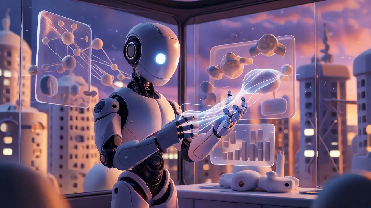 Robot en argile gérant des flux de données holographiques futuristes