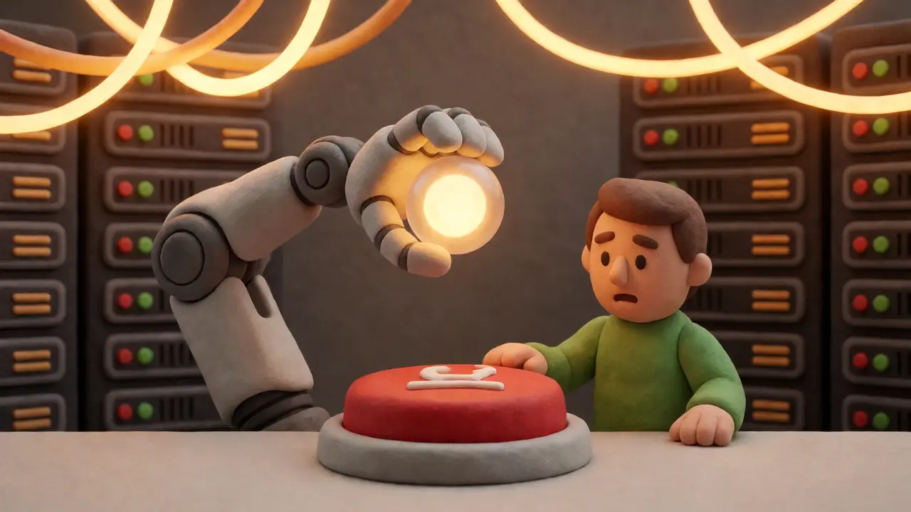 Un humain pressant un bouton d'arrêt rouge sur un bras robotique gelé en plein action.
