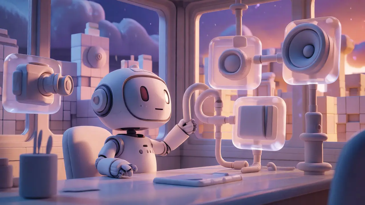Un robot en argile gérant des interfaces holographiques connectées à diverses sources de médias dans un bureau futuriste.