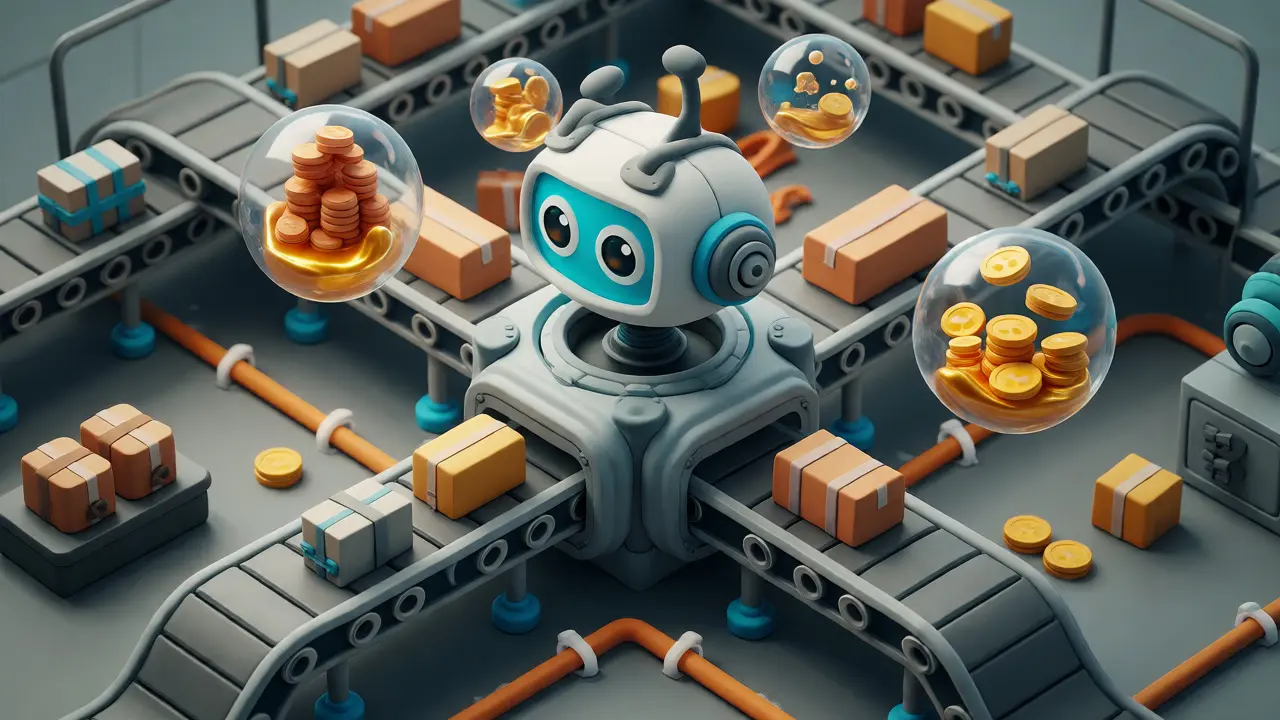 Vue isométrique en argile d'un hub logistique avec un robot central transformant les stocks en pièces d'or pour optimiser la rotation.