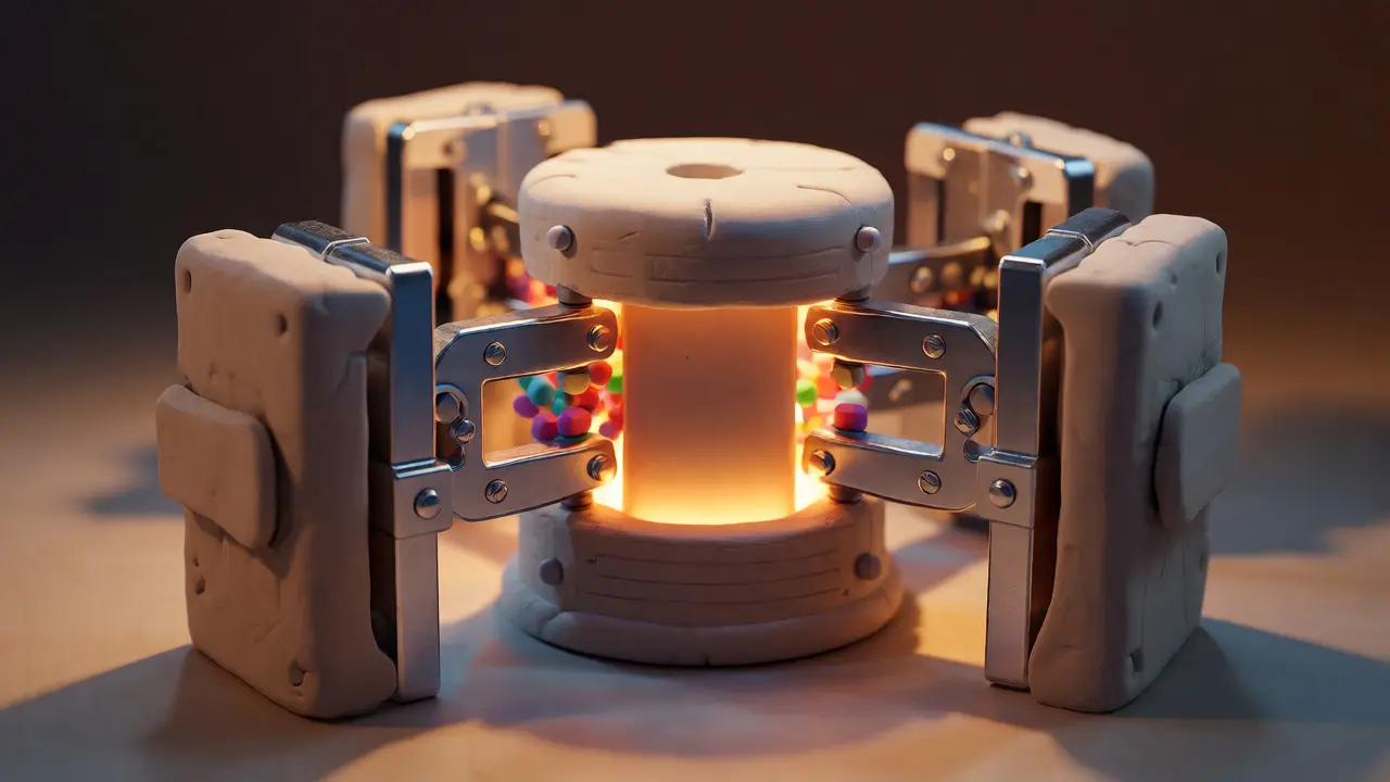 Architecture interne d'une cellule LSTM avec portes mécaniques et état cellulaire lumineux.