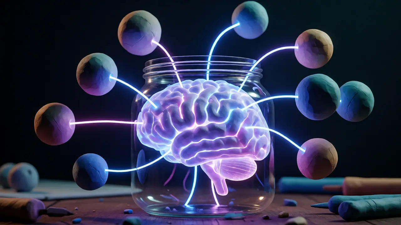 Cerveau en argile connecté à des sphères de données lumineuses pour la télémétrie.