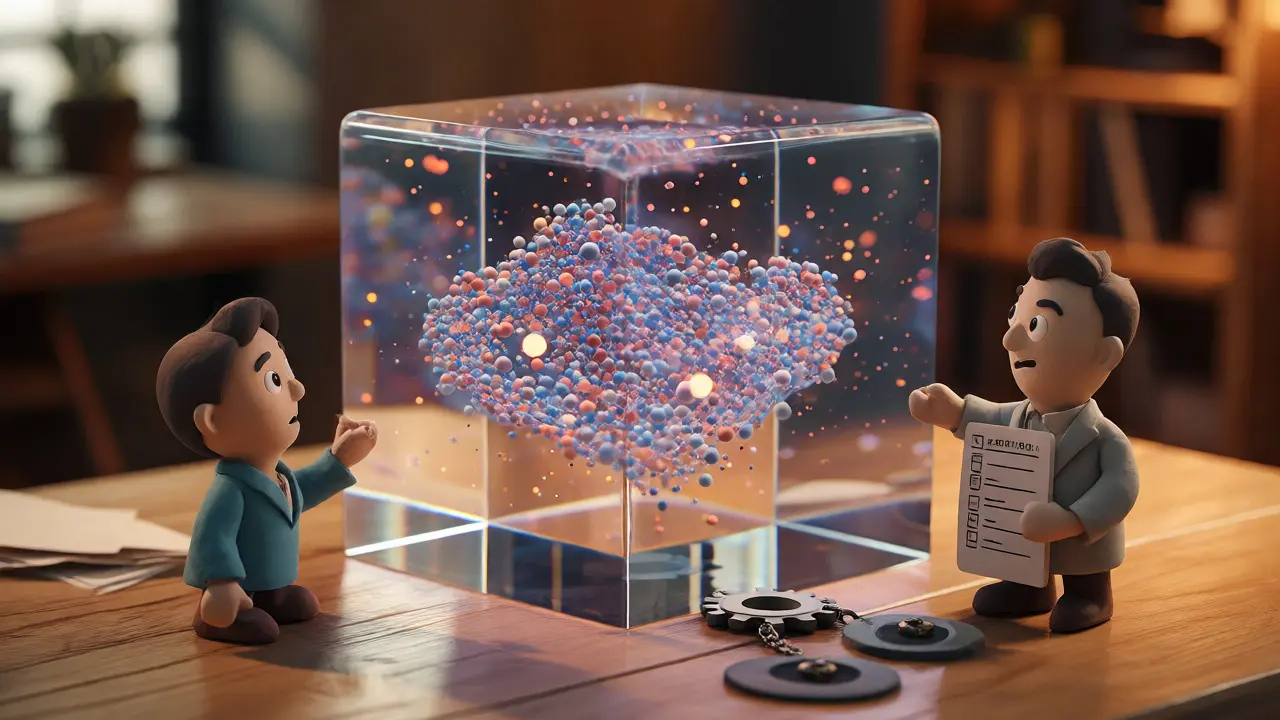 Citoyen et fonctionnaire examinant un cube de données transparent représentant la transparence algorithmique.