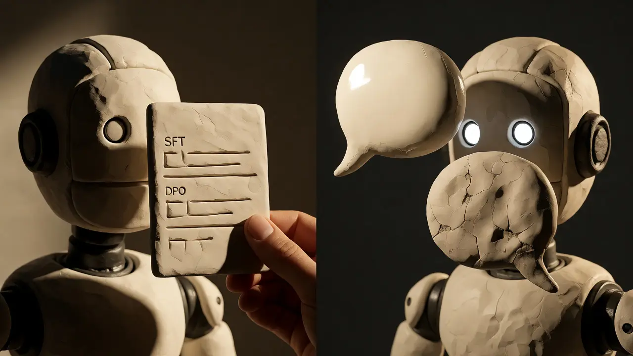 Comparaison visuelle entre imitation et préférence avec robots en argile.