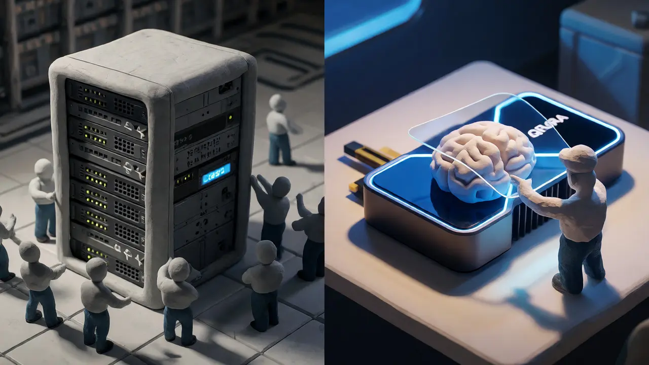 Comparaison visuelle entre serveurs lourds et adaptation efficace via LoRA.
