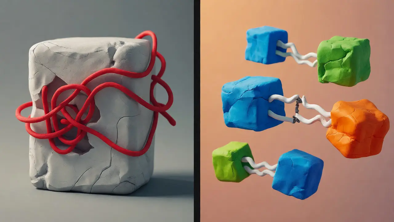 Comparaison visuelle entre un monolithe complexe et des microservices fragiles en argile