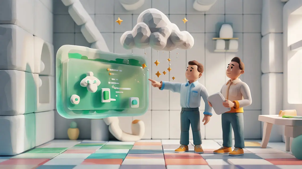 Deux personnages en argile collaborant devant une interface fluide