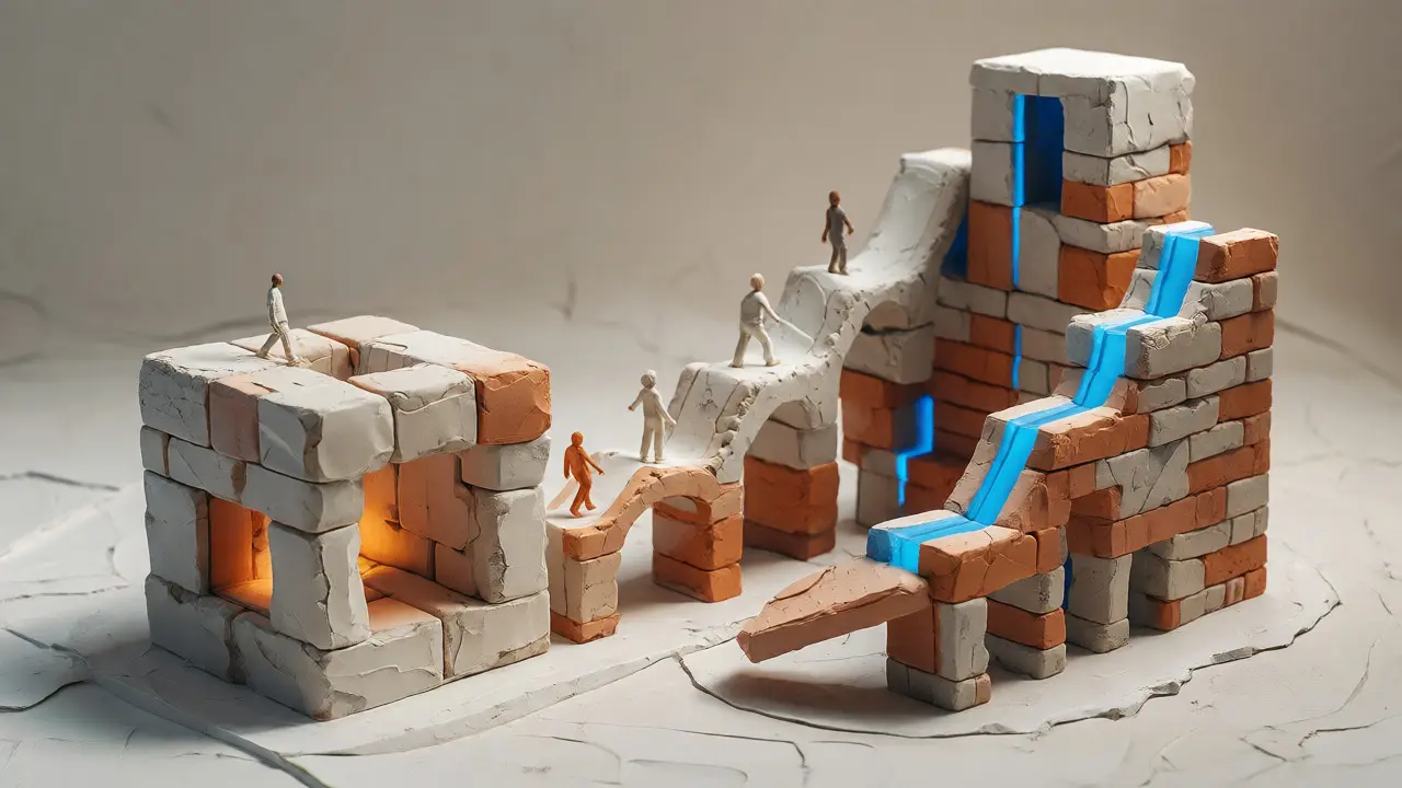 Évolution visuelle d'un petit modèle cubique vers une grande structure complexe.
