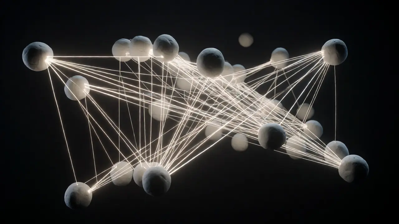 Sphères en argile interconnectées par des fils lumineux représentant l'auto-attention des Transformers.