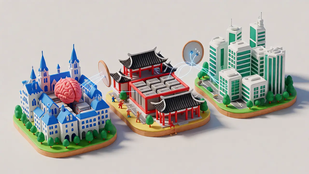 Trois îles architecturales isolées représentant les déploiements régionaux d'IA en Europe, Chine et Amérique.