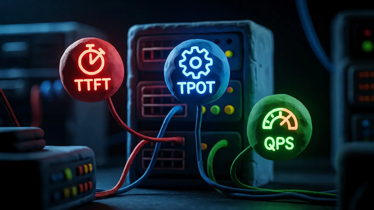 Trois orbes lumineux en argile représentant les métriques TTFT, TPOT et QPS autour d'un serveur.