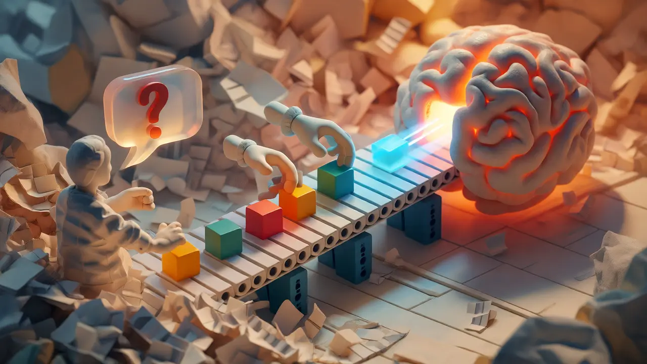 Vue isométrique d'un processus RAG où des mains trient des blocs de données structurés.